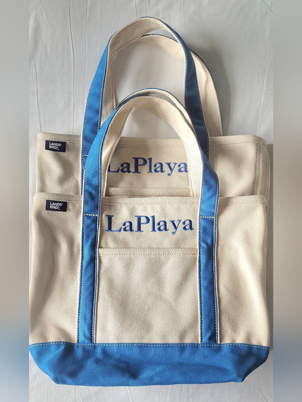 Lands' End Canvas LaPlaya Totes Set of 2 Cream with Blue Trim. Size Medium. NWOT